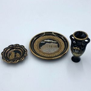 LS Made in Greece 24K Gold Painted Decorative Pieces, Black/Gold Vase Set Of 3